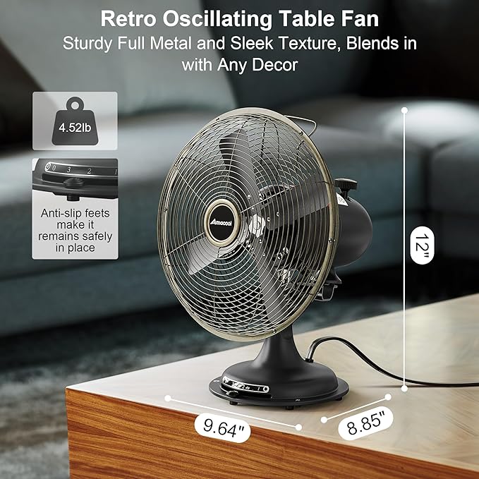 AMACOOL Oscillating Vintage Fan, All Metal 8" Retro Table Top Fan, Adjustable - Image 5