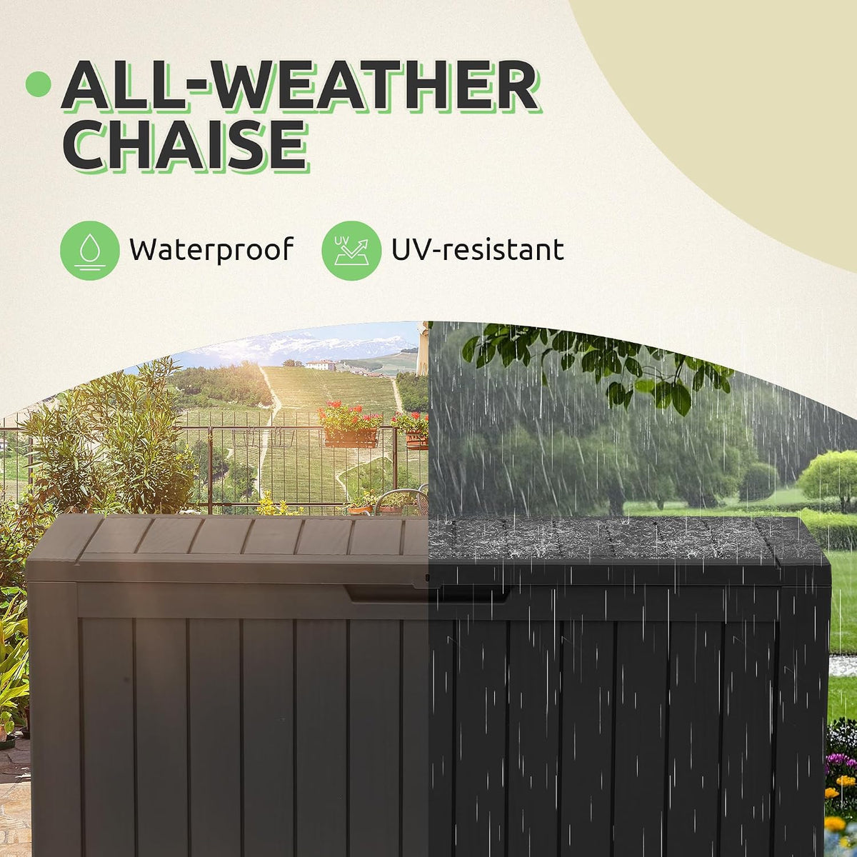 dwvo 270l outdoor resin deck box with wheels showing dimensions