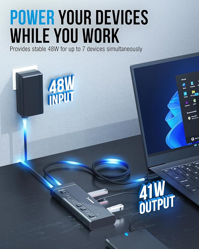 SABRENT 7-Port USB-C Hub with Power Switches, 5Gbps USB 3.2, 48W Powered Hub - Image 3
