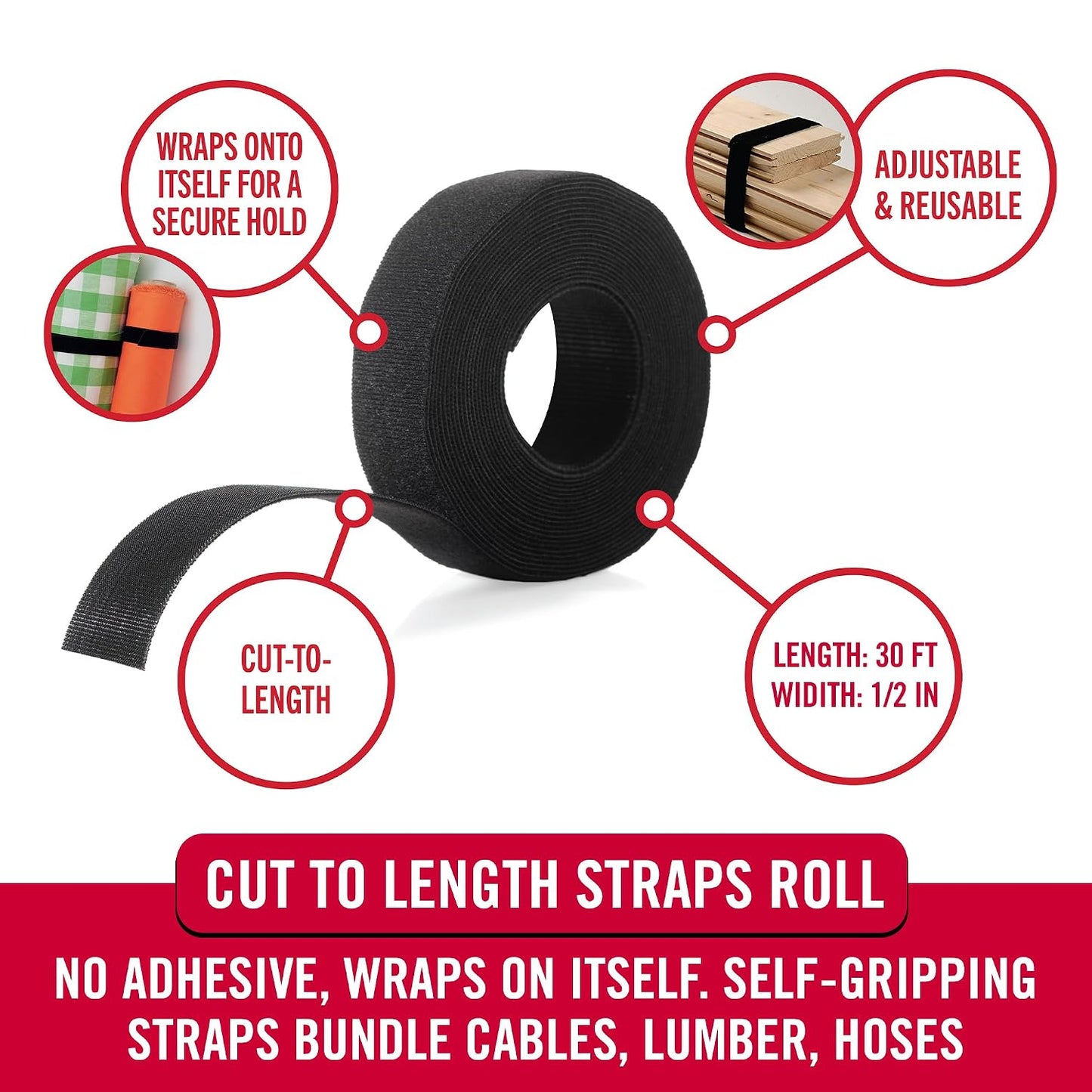 VELCRO Brand VEL-30765-AMS Extra Narrow Straps 1/2 in x 30ft Roll | Cut to Length Reusable Self-Gripping Tape | Organize and Bundle Electric Cords, Ropes, Cable Management Solutions, Wire Ties | Black | Extra Narrow Reusable Self Gripping Tape For