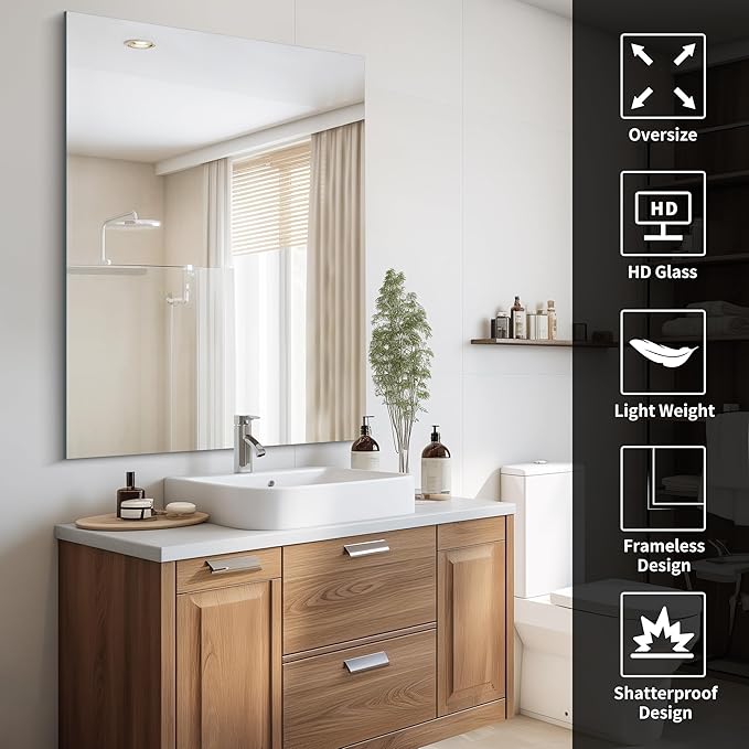 CILIBER Frameless Rectangle Mirror, 36x48 Inch Large Bathroom Mirrors - Image 3