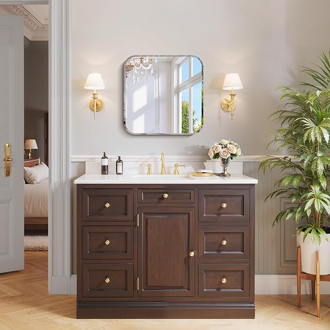 CILIBER Beveled Frameless Mirror, 18x18 Square Bathroom Mirror Rounded Corner - Image 3