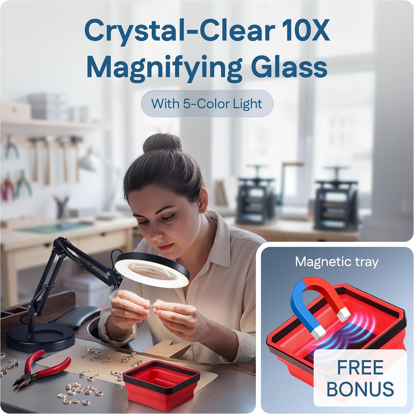 10X Magnifying Lamp - Desk Magnifying Glass with Light, Lighted Magnifying Glass with Stand, Magnifying Light, 5 Color Modes, 2 Mounting Options, USB Cable, Adapter & Magnetic Tray, Black