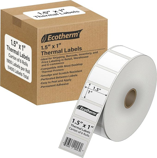1.5" x 1" Thermal Labels | 6 Rolls | 11400 Labels | fits Zebra, Offnova Thermal by EcothermProducts