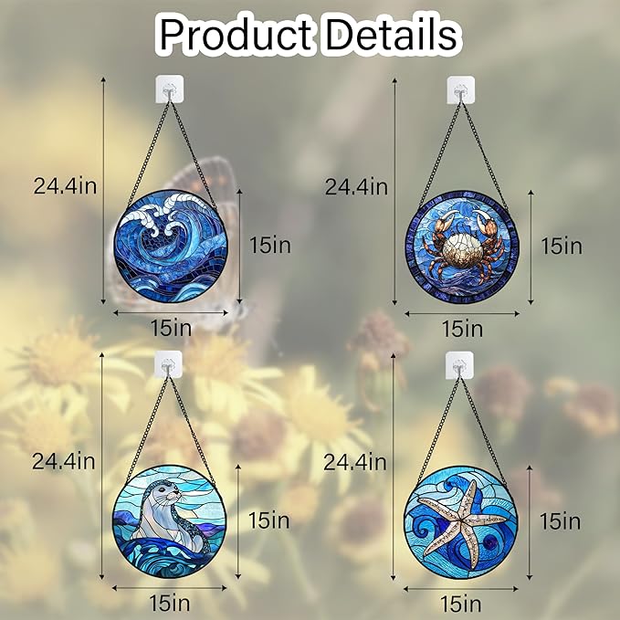 DASTOLL Stained Glass Window Hanging 4 Pcs Set Blue Ocean Waves Large 15" - Image 6
