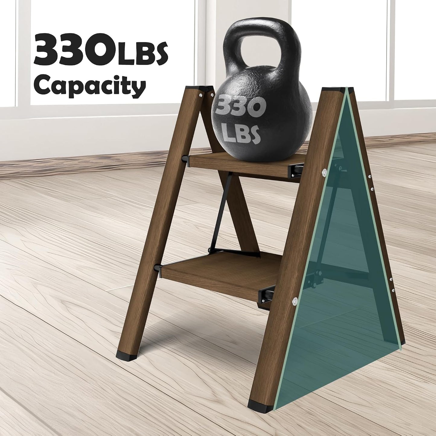 Taranta 2 Step Stool Foldable,Aluminum Step Ladder-Walnut | Lightweight,Wide Anti-Slip Pedals,Folding Step Stool,330lbs Capacity Stepladder for Household,Kitchen,Office