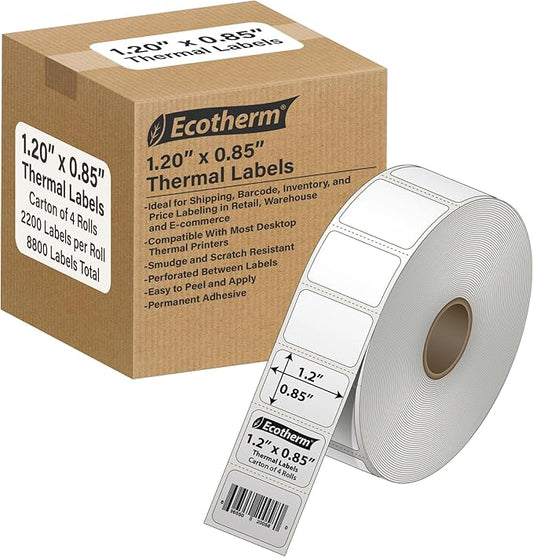 1.2" x .85" Thermal Labels | 4 Rolls | 8800 Labels | fits Zebra, Offnova by EcothermProducts