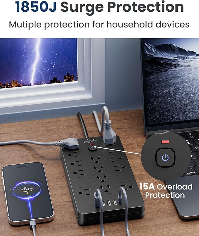 JouleLoom Surge Protector Power Strip-14 Outlets and 6 USB Ports, 10 Feet Flat - Image 6