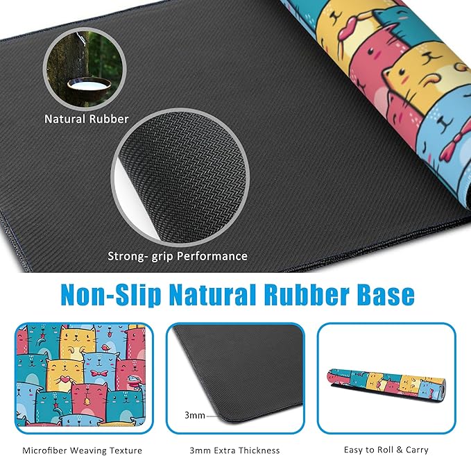 EOBKLAX Kawaii Colorful Cats Desk Mat, Large Gaming Mouse Pad, Non-Slip Rubber - Image 5