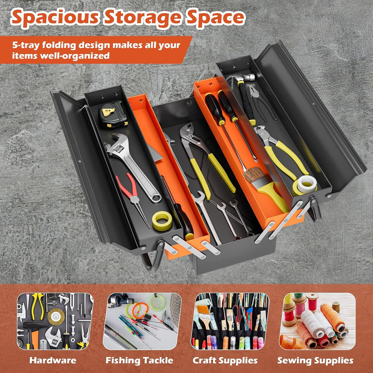 goplus 22-inch metal tool box, 3-layer 5-tray portable shown in use