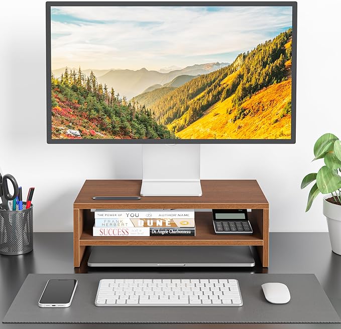 BONTEC Wooden Monitor Stand Riser, 2-Tier Desk Shelf - Image 2