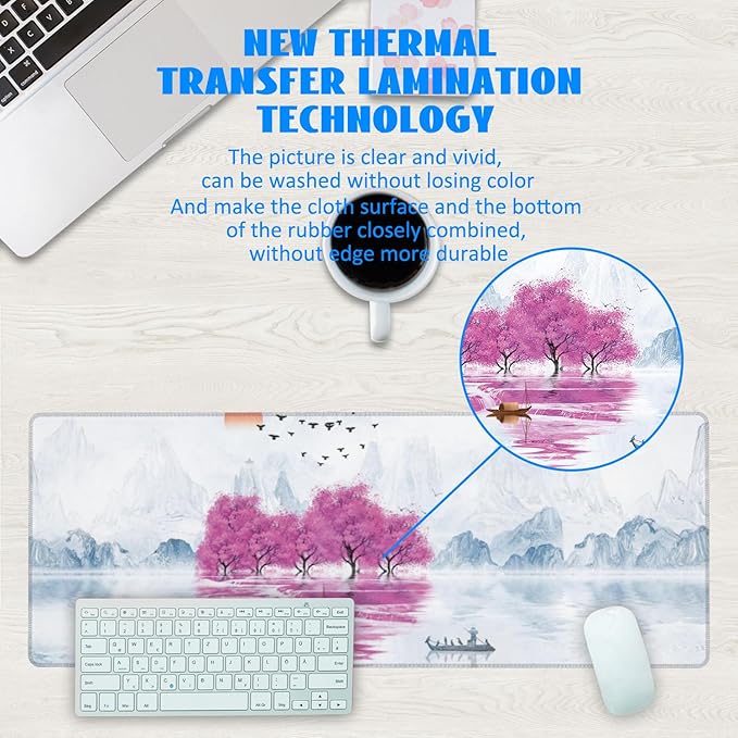 Desk Mat, Cherry Blossom Tree Oil Ink Painting Extended Gaming Mouse Pad Large - Image 3
