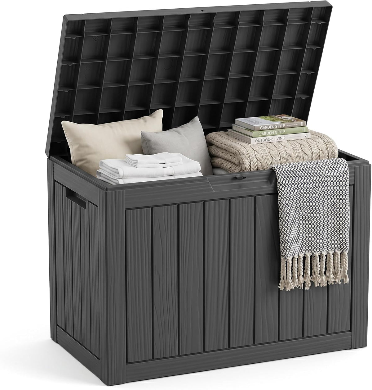 easyup 50 gallon outdoor storage box, outdoor deck shown in use