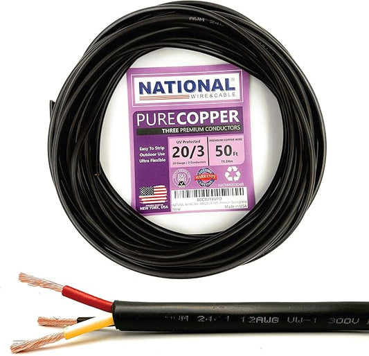 NATIONAL Wire & Cable – 20 AWG 3-Conductor Premium Copper Wire, 50 ft, Stranded by NATIONALWireCable