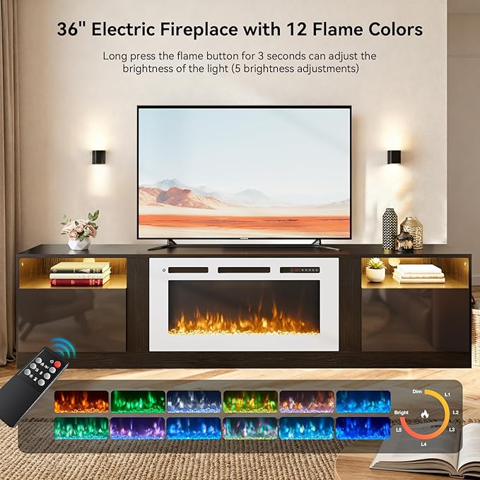YISUFO 80” TV Stand with 36” Electric Fireplace, Large Modern Media - Image 2