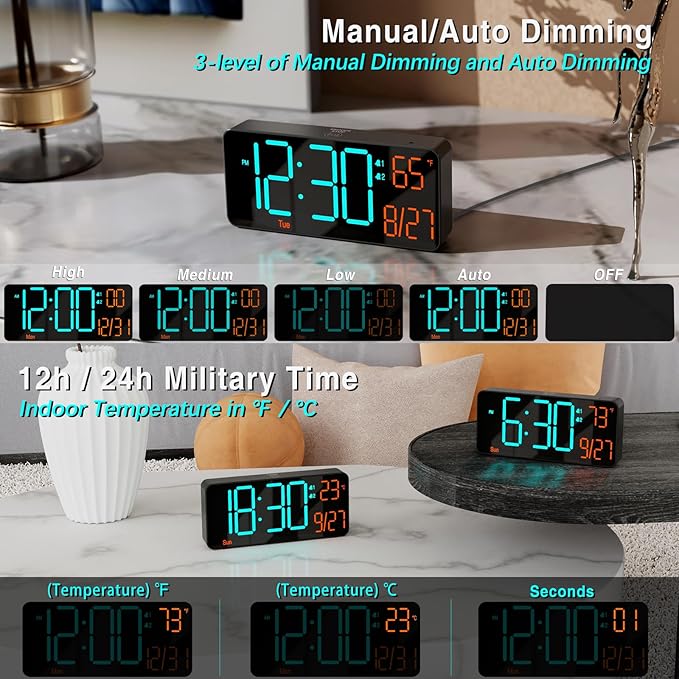 KOSUMOSU Digital Clock for Bedroom 6.7in Alarm Clocks for Living Room, Auto - Image 3