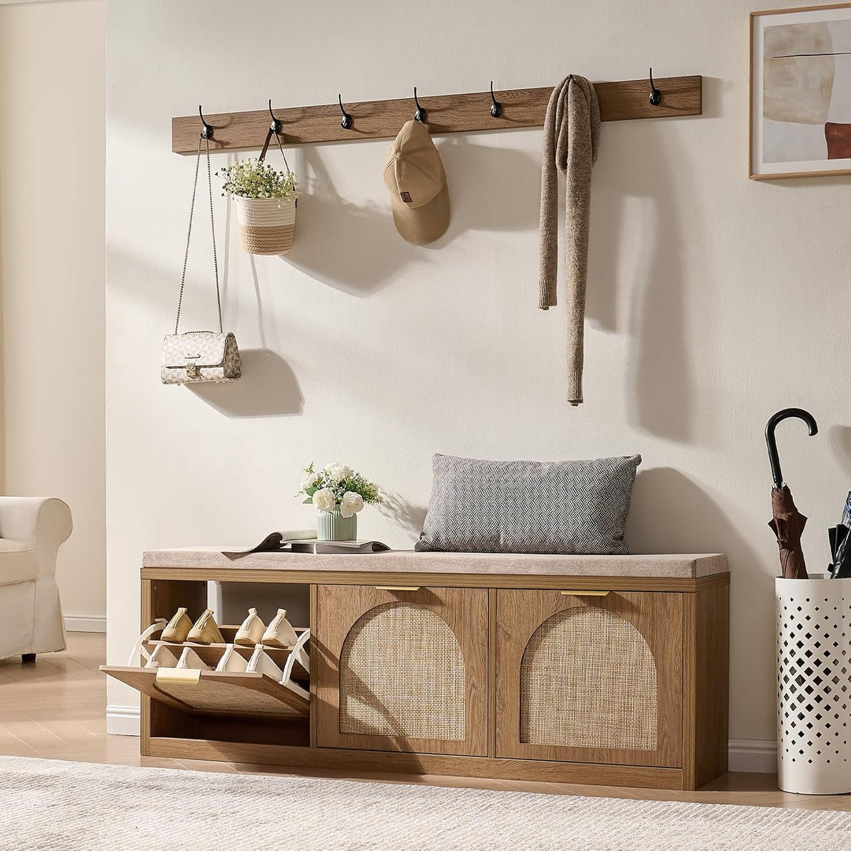 rattan narrow entryway bench with shoe storage, 3, main product view