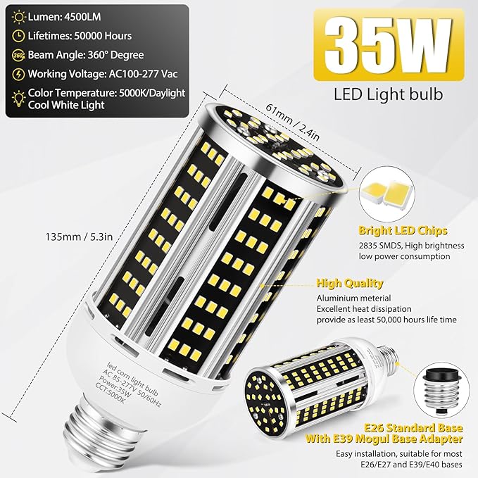 35W LED Corn Light Bulb 2 pack, Commercial Grade Daylight 5000K E26/E39 5000LM - Image 3