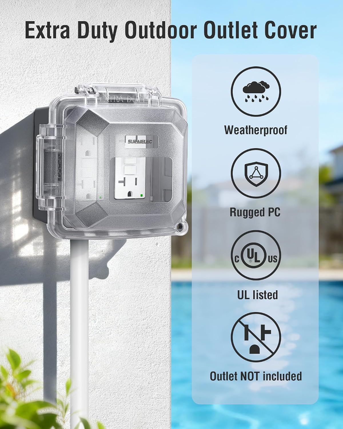 Extra-Duty In-Use Outlet Cover, 2-Gang, UL Listed, Grey, 1-Pack | Weatherproof PC Receptacle Cover, NEMA 3R Rated, Lockable Design, Compatible with GFCI, Duplex Outlets & Switches