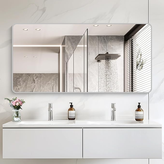 30x60 Inch Silver Bathroom Mirror, Large Rectangular Vanity Mirror, Metal - Image 2