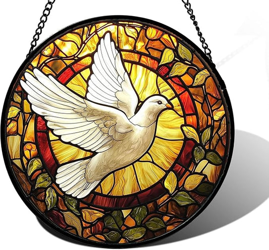 DASTOLL Stained Glass Window Hanging, Flying White Dove Sun Catchers Diamond by DASTOLL
