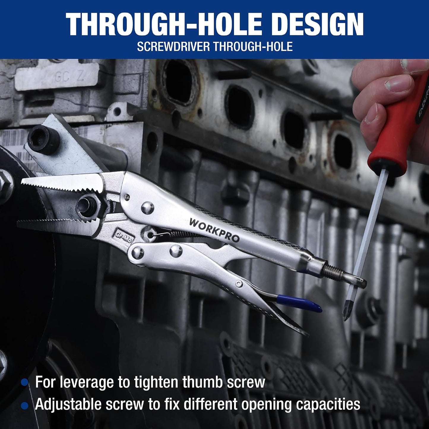 WORKPRO 5-Piece Locking Pliers Set, 5"/7"/10" Curved Jaw & 6.5"/9.5" Long Nose, CR-MO Steel Construction with Perforated Screw, Multipurpose Clamping Tool Kit for Automotive, Welding, and Home DIY