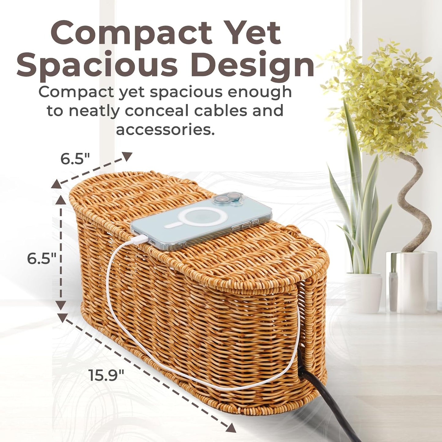 Cable Management Box, Handmade Rattan Cable Organizer, 2 Open Slots Cords Hider Box, Under Desk Cord Organizer for Computer Router USB Hub & Power Strip, 15.9" x 6.5" x 6.5", Natural