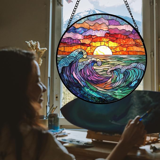 DASTOLL Stained Glass Window Hanging, Clouds and Sea Waves Suncatcher Diamond - Image 2