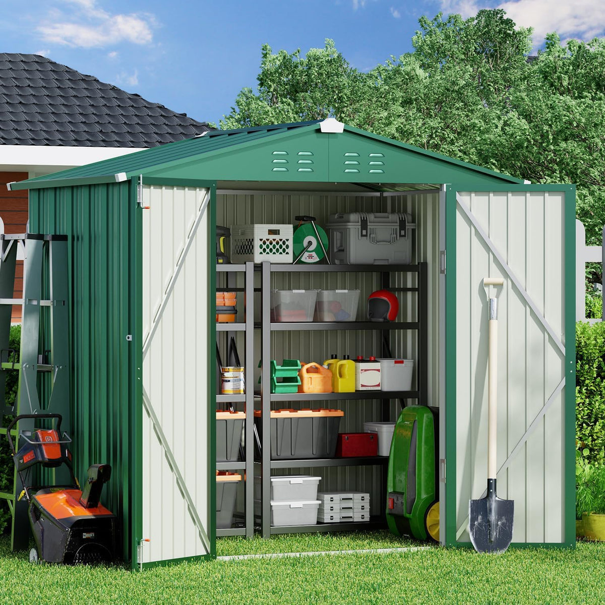 gizoon 6 x 4 ft outdoor storage shed shown in use