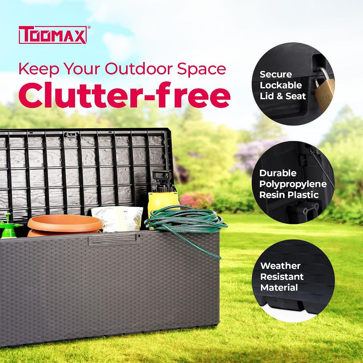 toomax deck box - lockable lid, gray shown in use