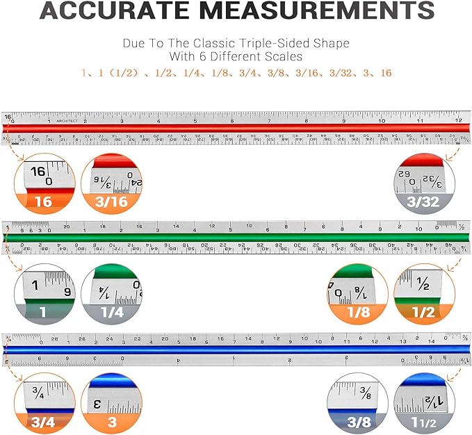 12" Architectural Scale Ruler Aluminum Architect Scale Triangular Scale Ruler - Image 3