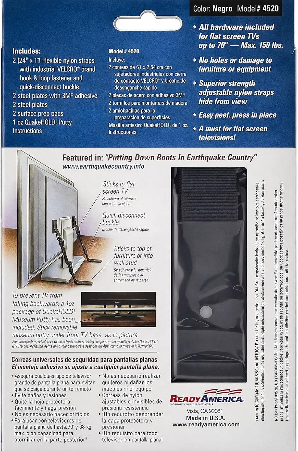 QuakeHold! 4520 Universal Flat Screen TV Safety Straps, Black Nylon | Anti-Tip Adhesive Straps help secure TVs & furniture against earthquakes, fire and floods with easy, tool-free installation.