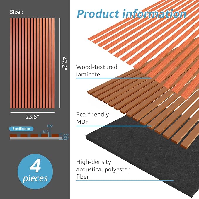 Art3d 4 Pack 47.2 x 23.6in. Wood Slat Acoustic Panels - Image 4