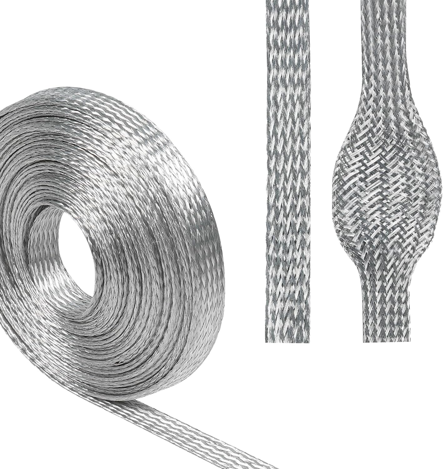 Tinned Copper Braid Wire Shielding Ground Strap Metal Cable Sleeve Expandable Flexible Flat Mesh (5/16 in Wide(0.20 in Dia)-115ft)