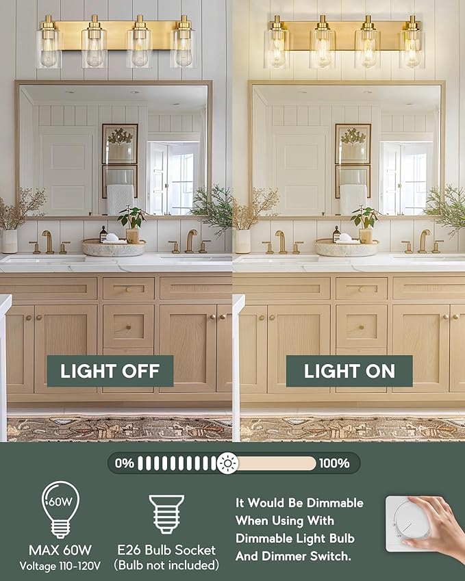 METWET 4-Light Bathroom Light Fixtures, Brushed Gold Vanity Light - Image 4
