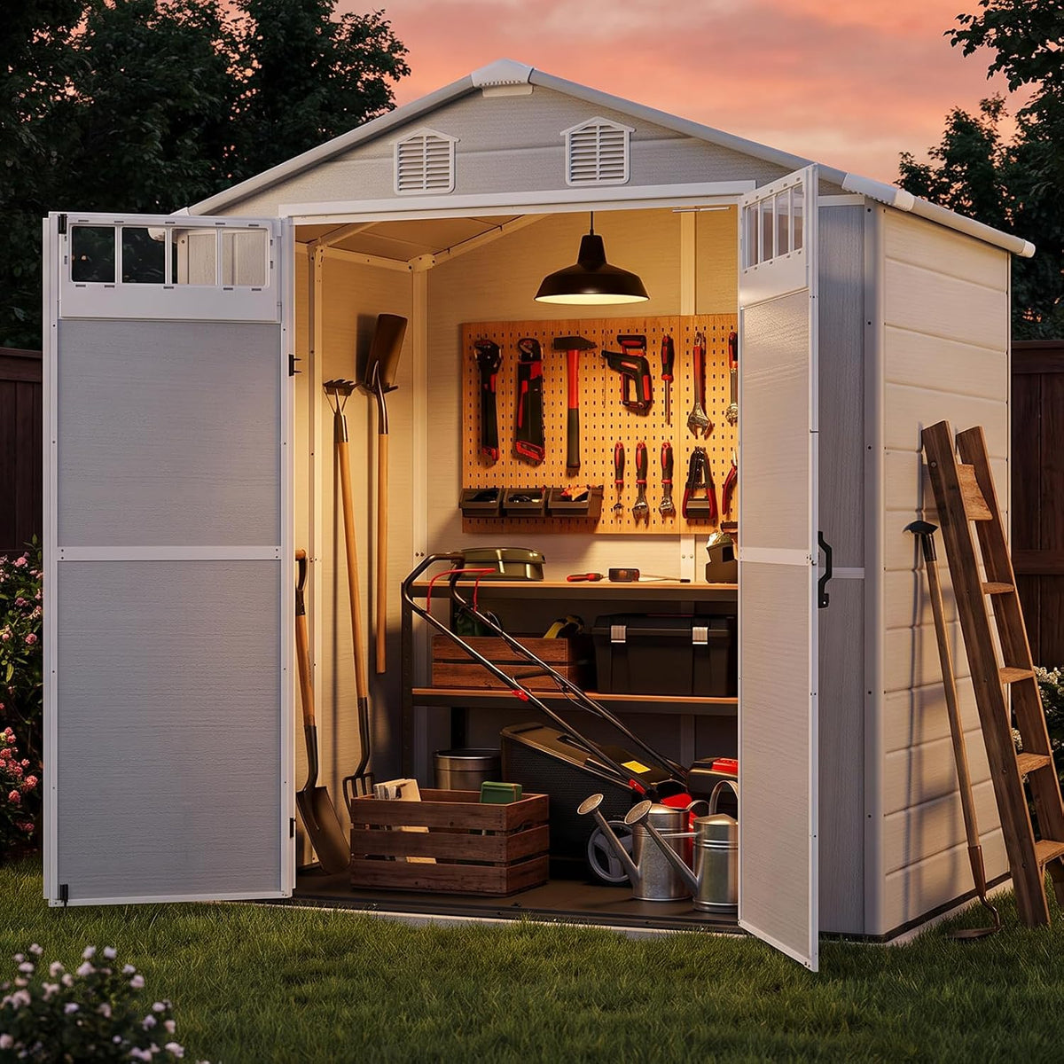 northsky resin storage shed with floor, 6x4.5 ft shown in use