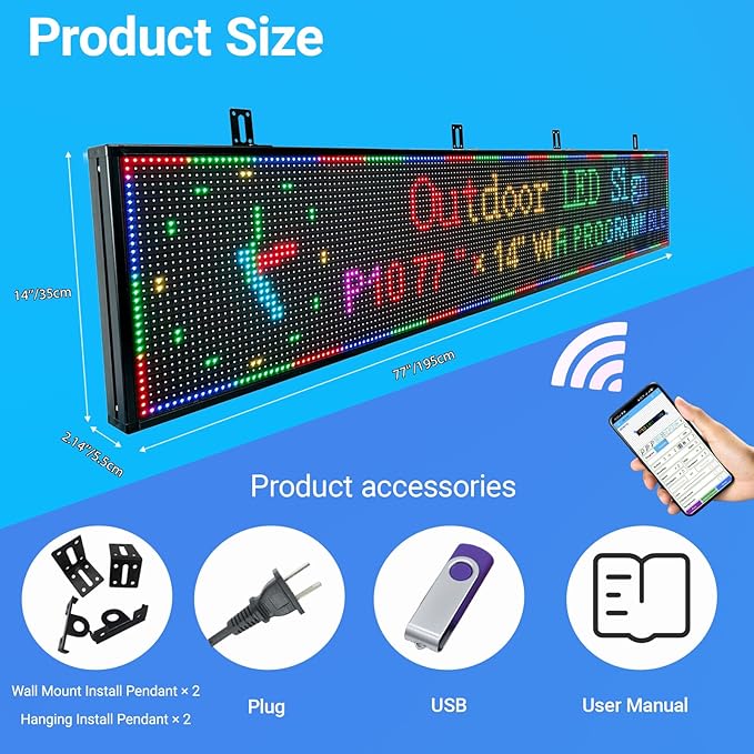 77”x14” Programmable LED Display Sign, P10 Outdoor Digital Scrolling Message - Image 3