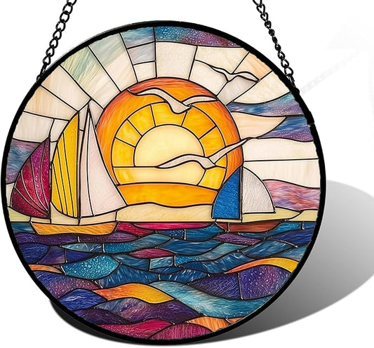 DASTOLL Stained Glass Window Hanging, Sailboat and Waves Suncatcher Diamond by DASTOLL