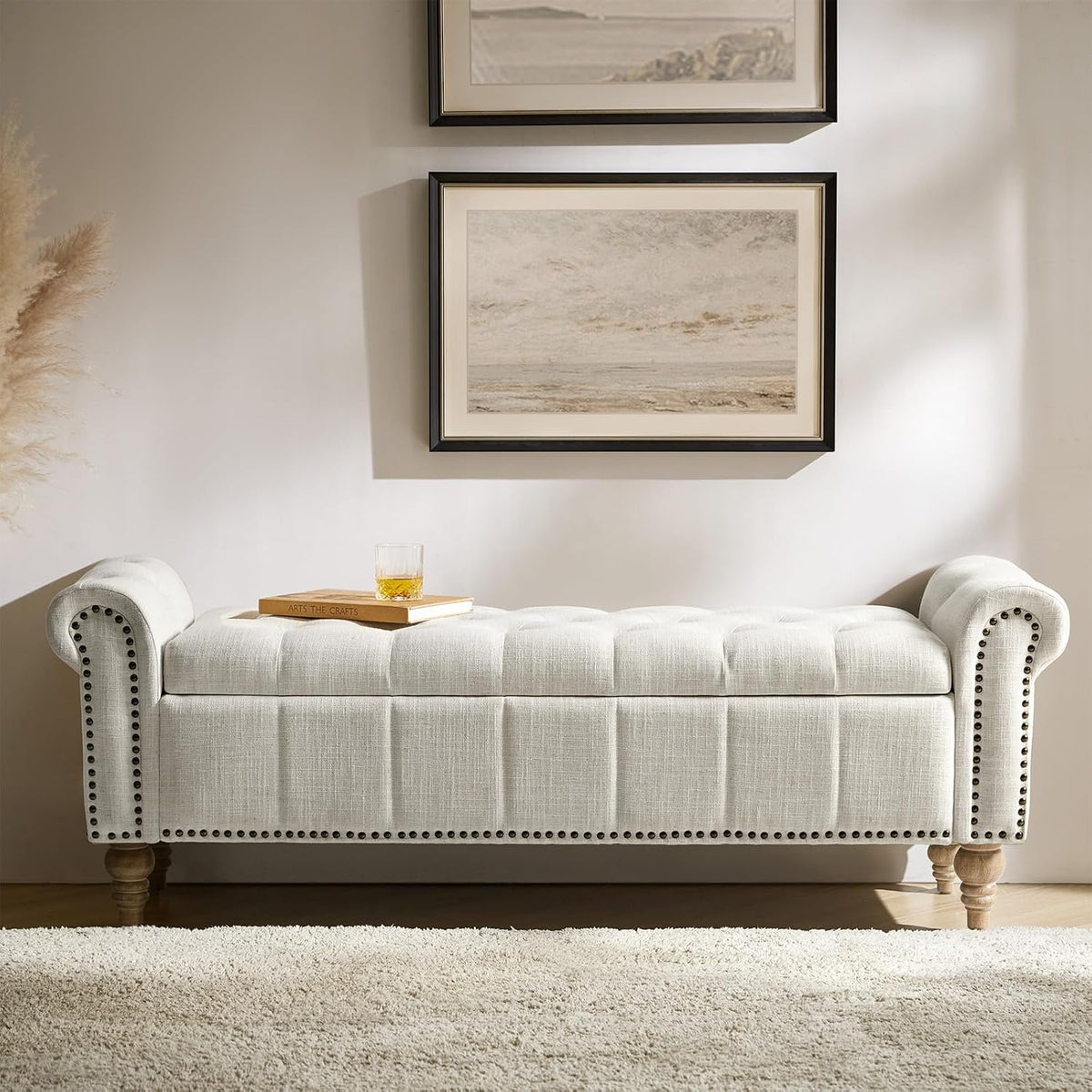 hulala home farmhouse storage bench, ivory, main product view