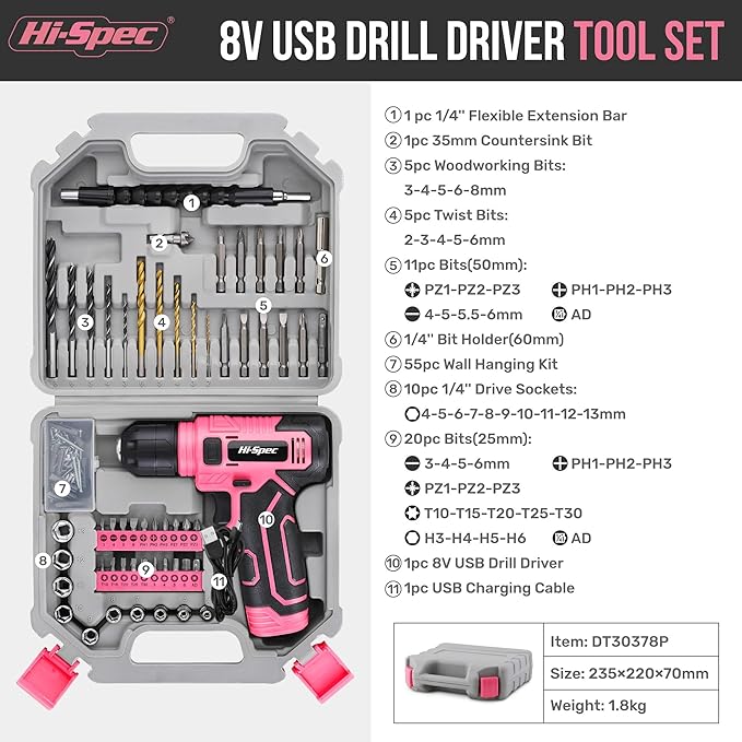 Hi-Spec 110pc Pink 8V USB Electric Power Cordless Womens Drill Driver Set. - Image 2