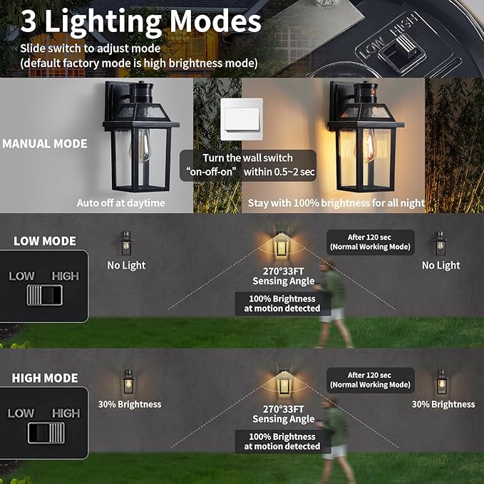 Yisuro Motion Sensor Outdoor Wall Lights, Porch Light Outdoor 3 Lighting Modes - Image 3