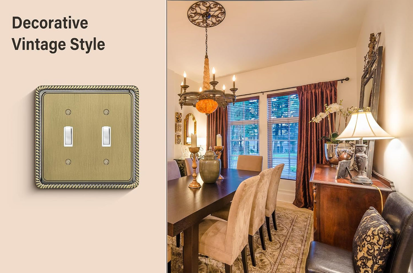 Rope Edge Decorative Wall Plate Switch Plate Outlet Cover (Double Toggle, Antique Brass)