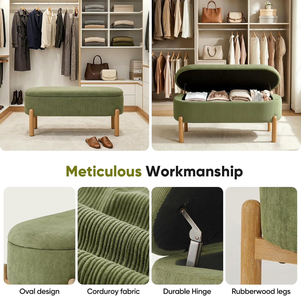 storage bench for bedroom end of bed with, close-up detail