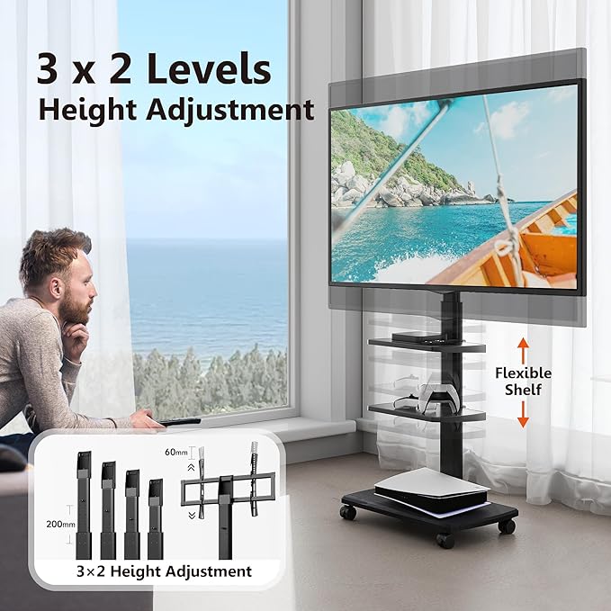 FITUEYES Rolling TV Stand with Power Outlets, Swivel Portable TV Stand - Image 3