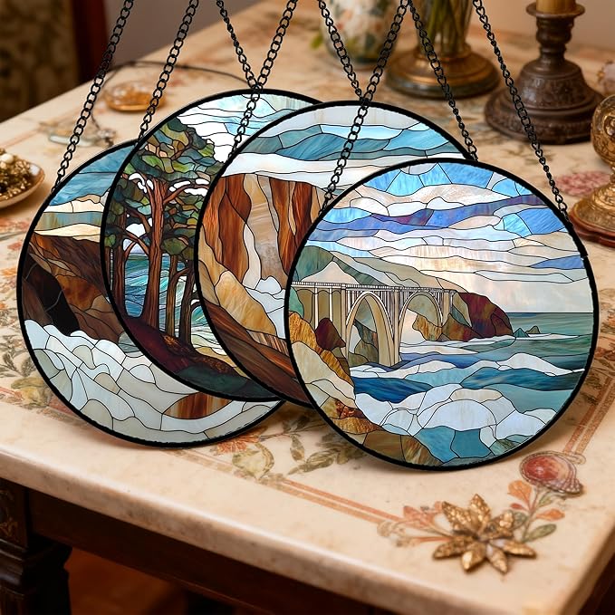 DASTOLL Stained Glass Window Hanging 4 Pcs Set Ocean Waves 6.3" - Image 2