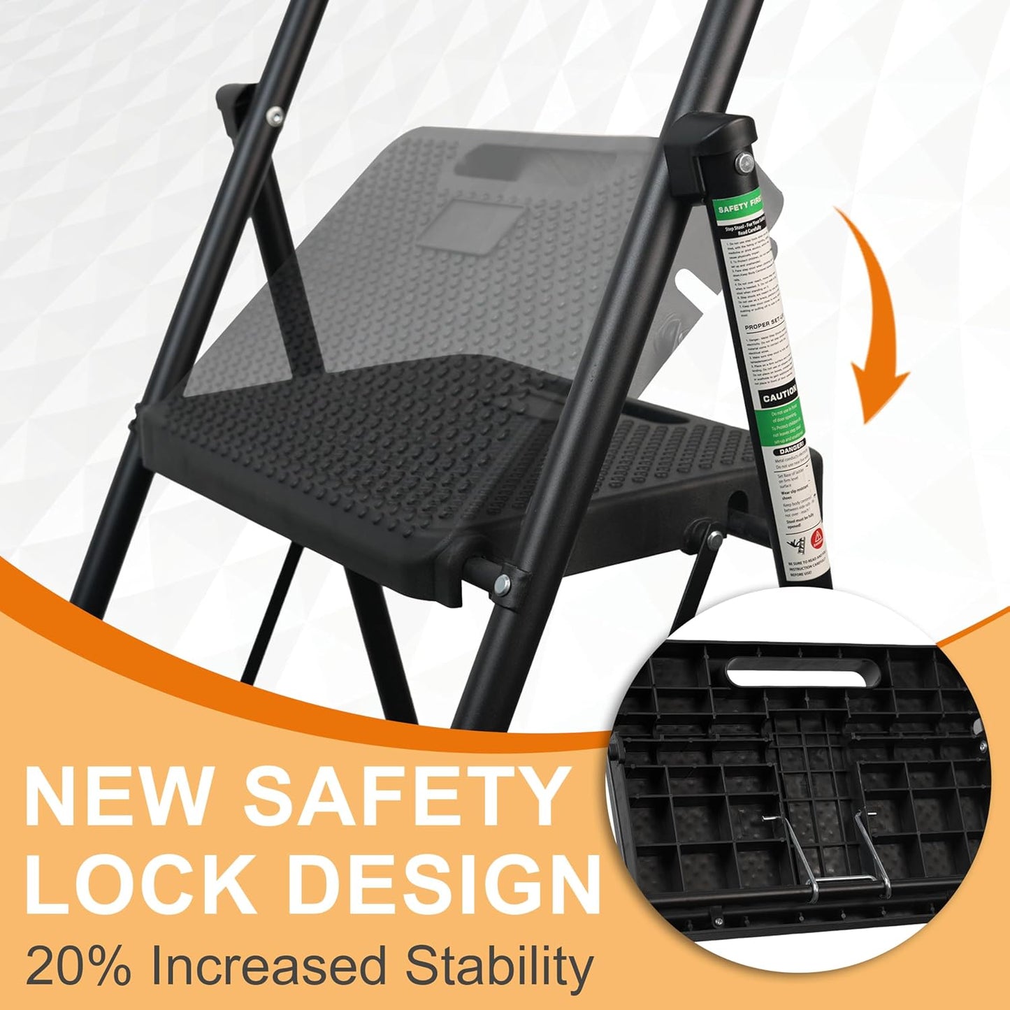 Step Ladder, Portable Steel Folding Step Stool with Wide Anti-Slip Pedal & Convenient Handgrip, 500lbs Sturdy Steel Ladder, 2-Step, Black