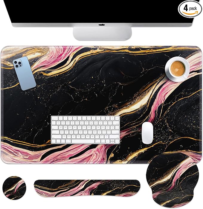 Britimes Pink Black Gold Marble Keyboard Mouse Pad Set 4in1 Large by Britimes