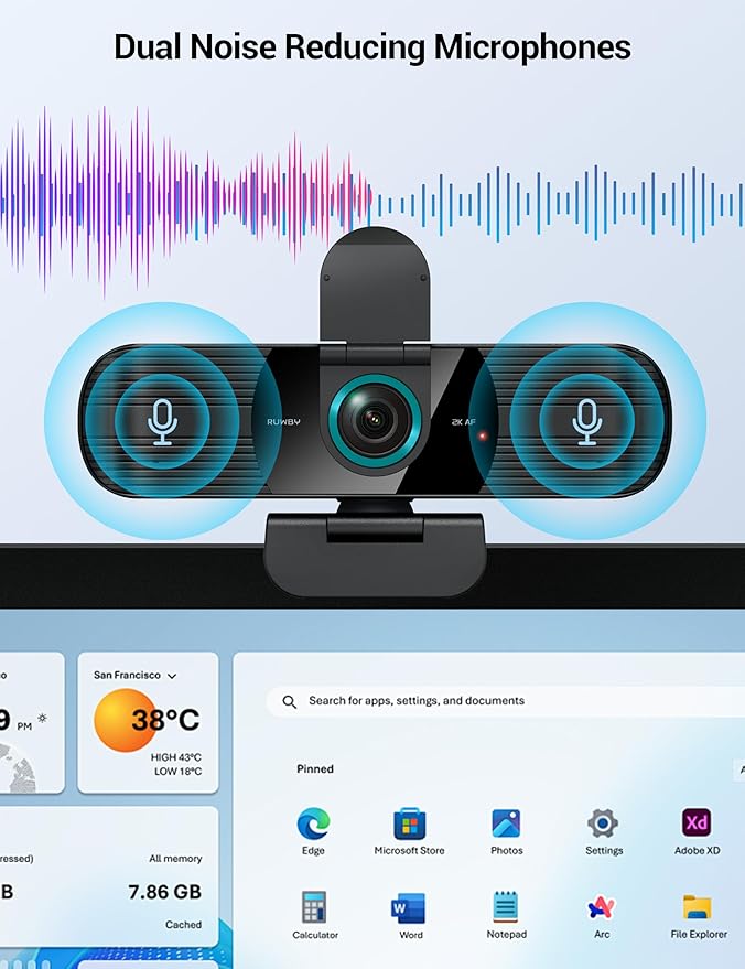 RUWBY QHD 2K Webcam with Built-in Dual Mics, Wide-Angle Lens, Privacy Cover - Image 5