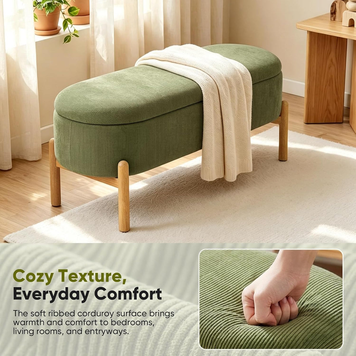 storage bench for bedroom end of bed with, side view