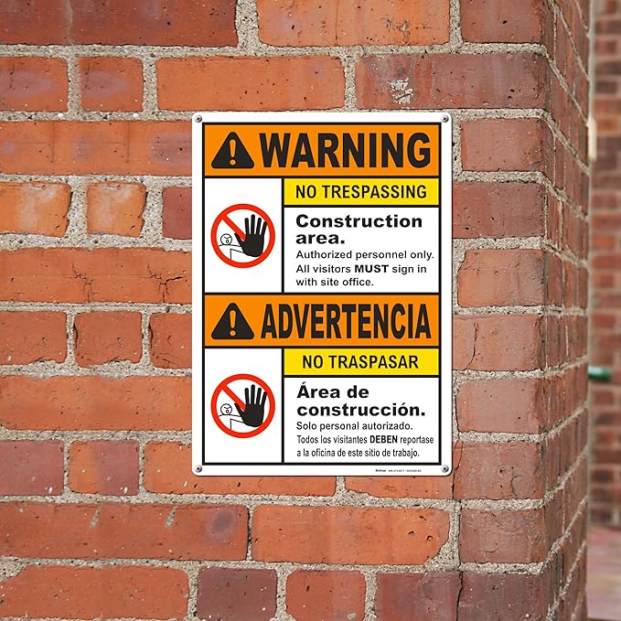 Brimar - 10" x 14" - Bilingual Warning Construction Area No Trespassing Sign - - Image 4